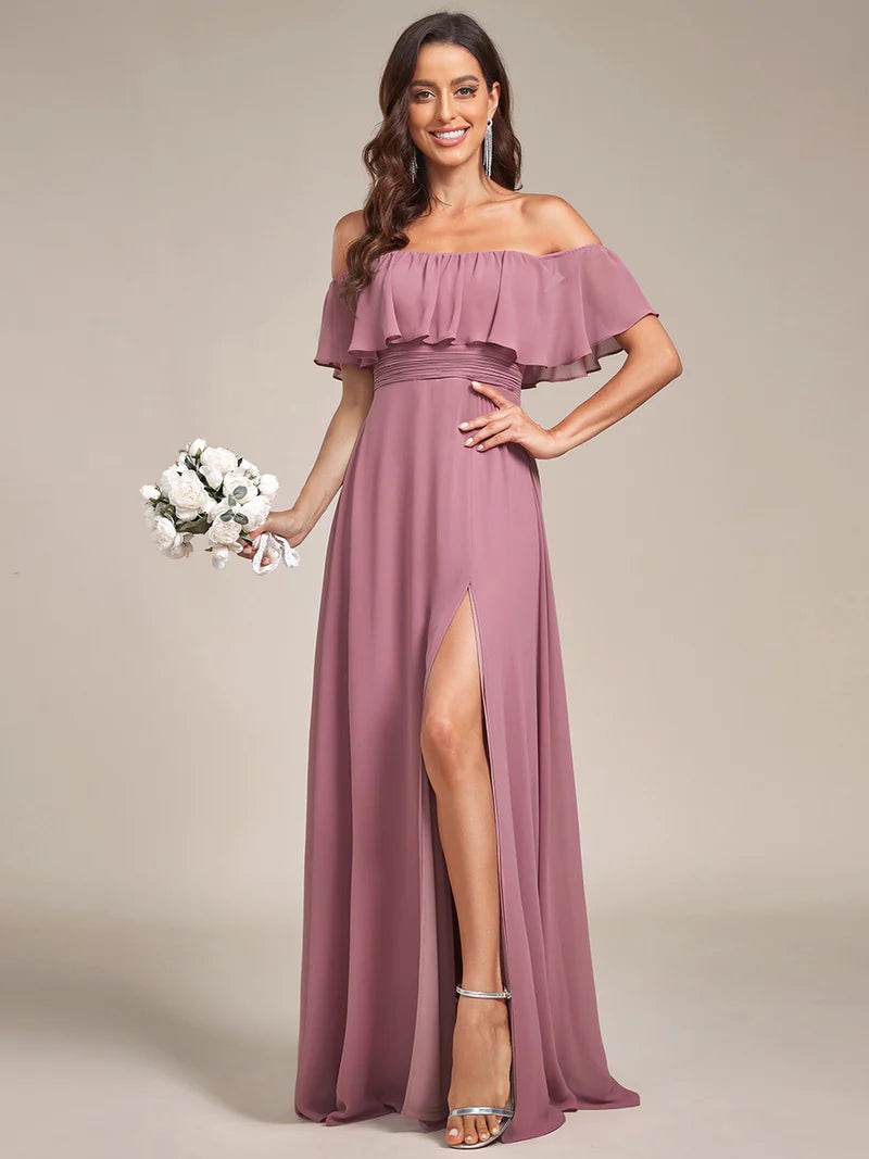 Off-the-Shoulder Bridesmaid Dress – Ruffled with Thigh Split - Biamonde